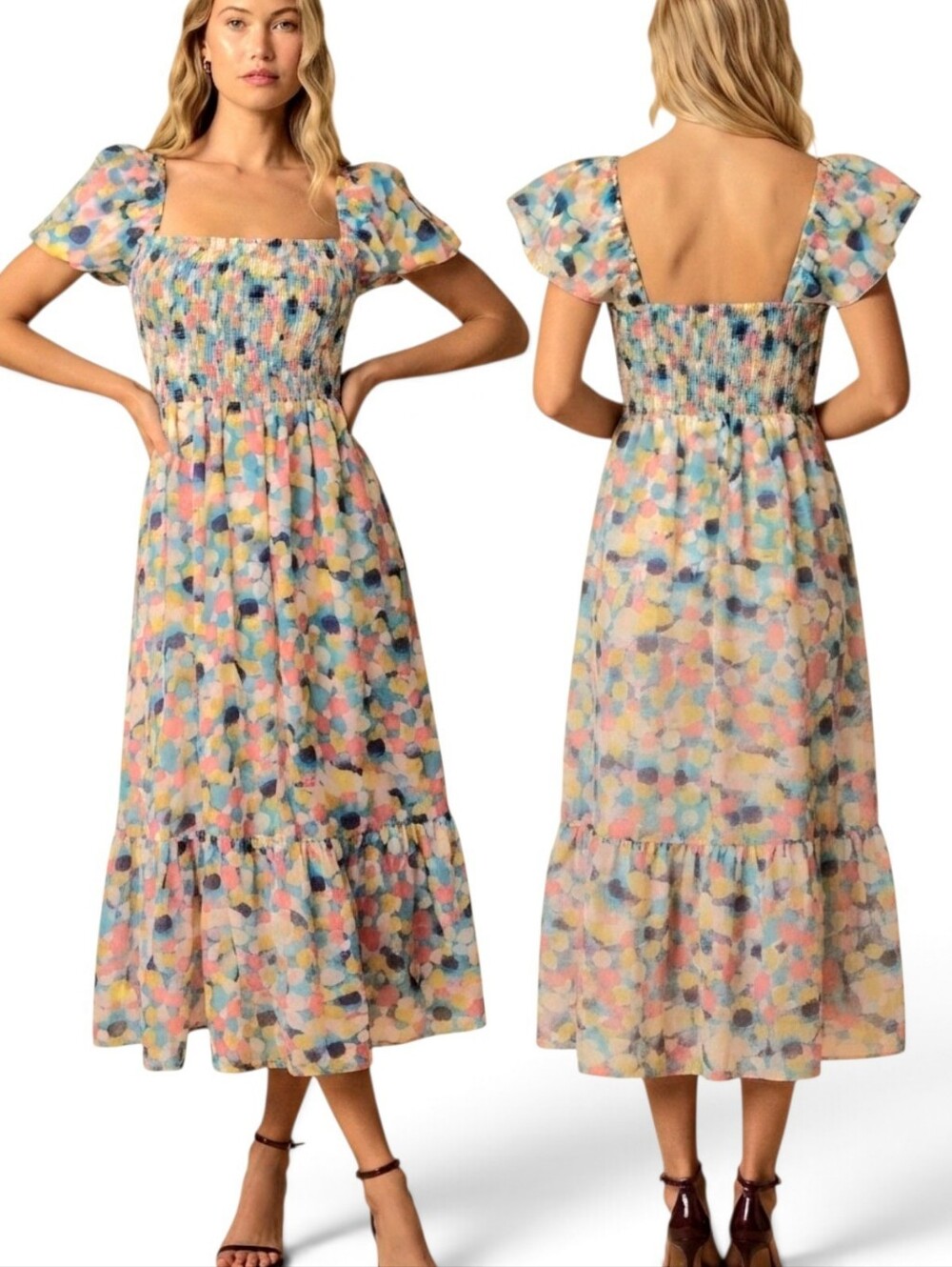 THML Abstract Watercolor Confetti Smocked Midi Dress - Size M
